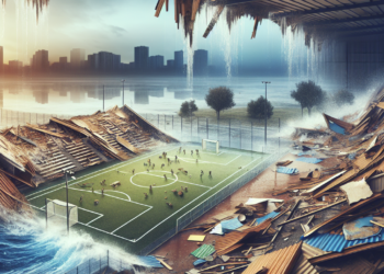 Prin distrugerea acoperisului si inundarea terenului de joc