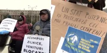 sute de persoane cu dizabilitati protesteaza in piata victoriei nemultumite de serviciile primite